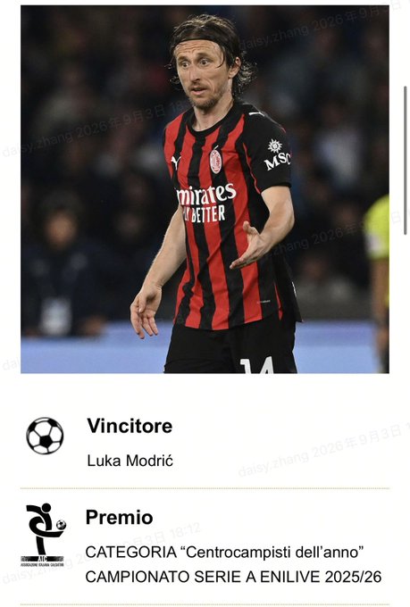 The image shows Luka Modrić wearing an AC Milan red and black striped jersey with "Emirates Fly Better" and "MSC" sponsorships, with text below identifying him as "Vincitore" (Winner) of the "Centrocampisti dell'anno" (Midfielder of the Year) Award for the Serie A Enilive 2025/26 Championship. This aligns with the post celebrating his recognition as one of the top 3 midfielders in Serie A 2025/26 and CoinW's sponsorship announcement.
