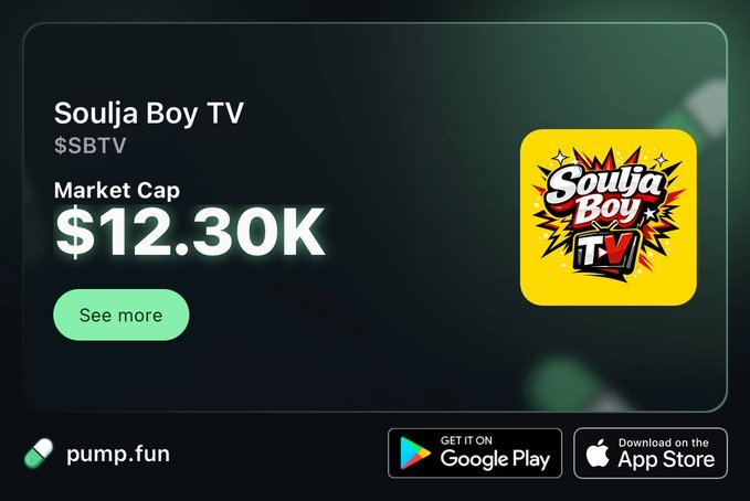 The image shows a pump.fun listing for "Soulja Boy TV" ($SBTV) with a market cap of $12.30K, featuring a comic-style logo and download links for Google Play and the App Store. It relates to the accompanying post by promoting a free $SBTV token airdrop for followers to hold onto rather than sell.