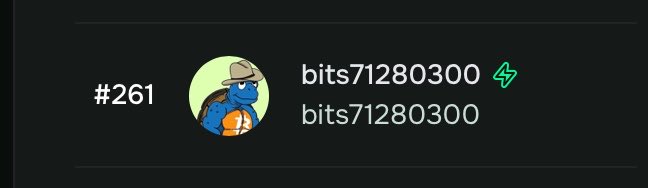 A dark digital profile card displaying the number '#261', an avatar of a blue cartoon character wearing a hat, and the username 'bits71280300' repeated twice, accompanied by a green lightning bolt icon.