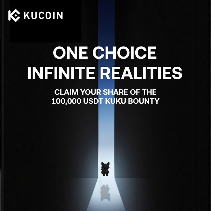 A KuCoin promotional graphic featuring the tagline "ONE CHOICE INFINITE REALITIES" with a call to "CLAIM YOUR SHARE OF THE 100,000 USDT KUKU BOUNTY," centered around an illuminated doorway with a small character silhouette—tying directly to the multiverse theme of the #KuKuUniverse campaign.