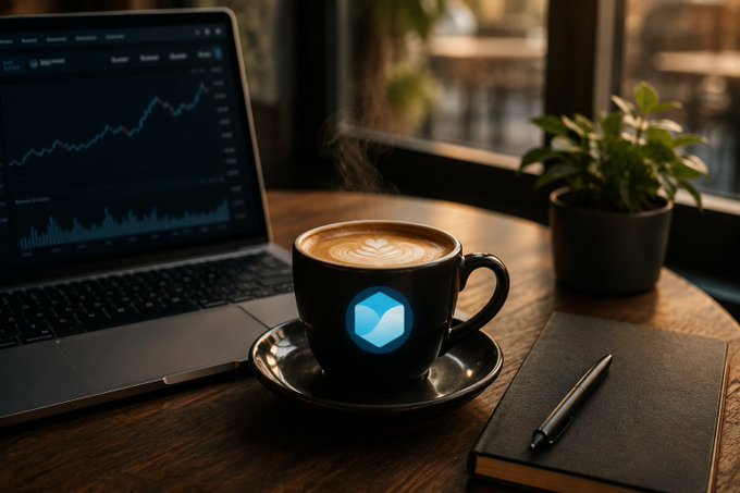 A cozy café scene with a laptop displaying a Bitcoin price chart, a coffee cup with latte art featuring a blue logo, a notebook, and a small potted plant on a wooden table.
