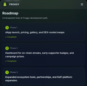 The image displays a Roadmap for "FROGGY," outlining a transparent development path with three phases: Phase 1 (dApp launch, pricing, gallery, and DEX-routed swaps) marked as Completed, Phase 2 (Dashboard for on-chain streaks, early supporter badges, and campaign prizes) also marked as Completed, and Phase 3 (Expanded ecosystem tools, partnerships, and DeFi platform expansion) currently in progress.

This roadmap supports the post by visually confirming that $FROG is actively in its third and final development phase, backing the user's claim of ongoing growth and reinforcing their bullish sentiment about the project's continued upward trajectory.
