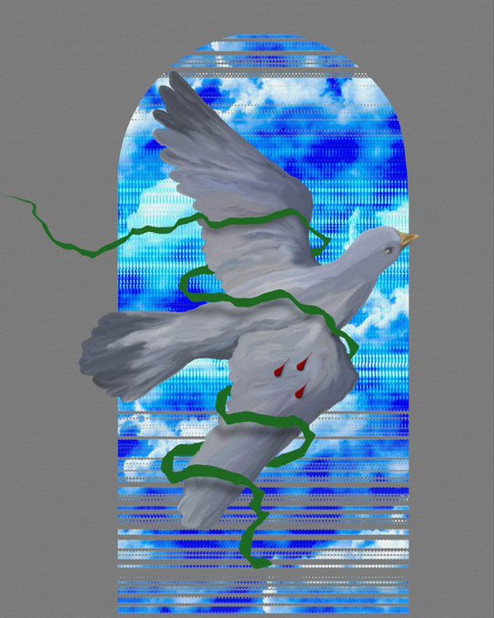 A digital artwork showing a white dove with red droplets on its wing, wrapped in green vines, set against a blue sky and window-like background.