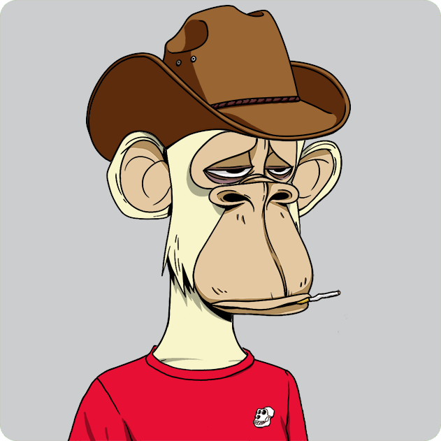 A cartoon illustration of a bored-looking monkey wearing a brown cowboy hat and a red shirt, smoking a cigarette.