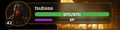 A video game interface showing the character 'tsubasa' at level 42 with a full XP bar at 970/970.