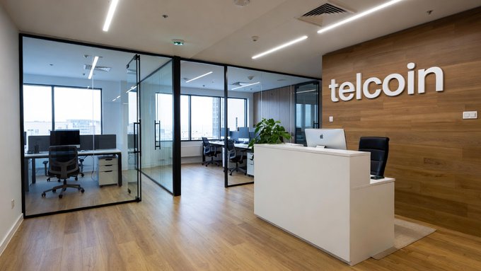 The image shows an office space featuring a reception desk, two chairs, and a glass partition separating different areas of the room. The reception area has a white counter with a computer monitor and keyboard, as well as a potted plant on one side. A sign in front of the reception desk displays "TELCOIN" in large letters.

The office space also contains several desks and chairs scattered throughout the room. There are two chairs near the reception area, while other chairs can be found closer to the walls or in different parts of the room. The presence of multiple desks suggests that this is a workspace for multiple employees.