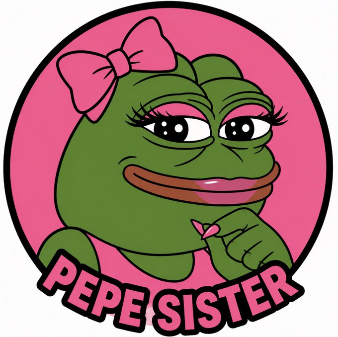 A circular sticker or logo featuring a green frog character with makeup and a pink bow, with the text 'PEPE SISTER' displayed at the bottom.