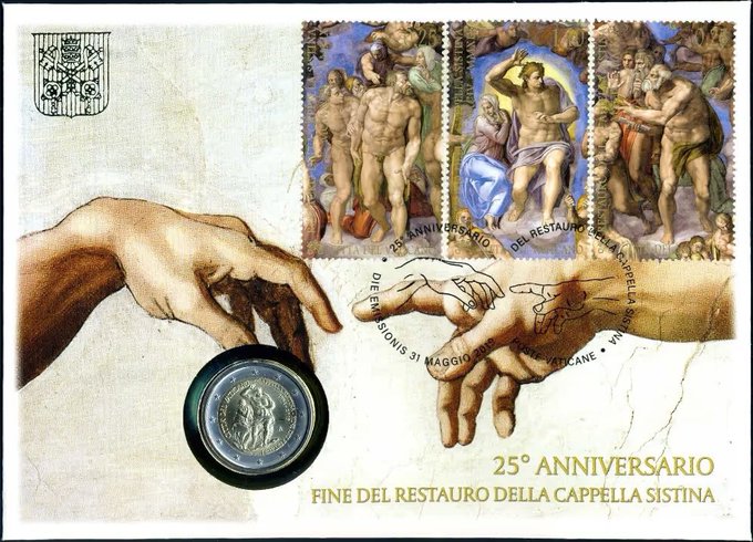 This image features a commemorative philatelic set celebrating the 25th anniversary of the Sistine Chapel restoration, displaying stamps of Michelangelo's frescoes, a special postmark, and a coin. The image relates to the post's spiritual theme by utilizing iconic religious art, specifically "The Creation of Adam," to evoke a sense of divine connection.