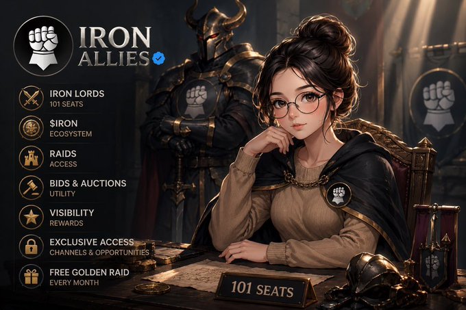 An 'IRON ALLIES' promotional image shows a stylized woman with glasses and a knight figure, listing features like 'IRON LORDS 101 SEATS,' '$IRON ECOSYSTEM,' and 'RAIDS ACCESS.'