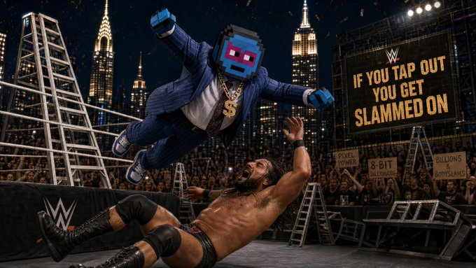 A pixelated blue character in a blue suit and gold chain jumps over a wrestler in a wrestling ring, with a billboard in the background reading 'IF YOU TAP OUT YOU GET SLAMMED ON' and a WWE logo.