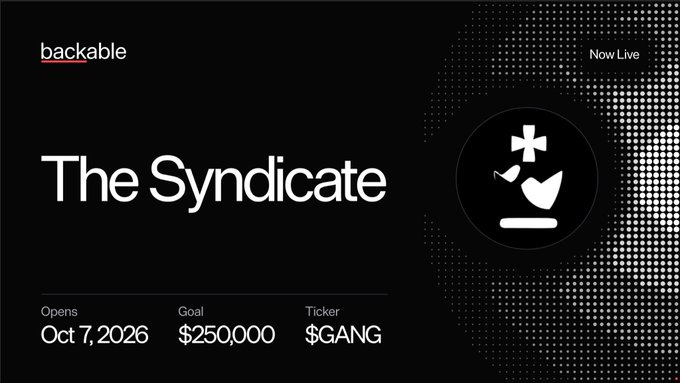 Captures the launch details of 'The Syndicate' on the backable platform, noting an opening date of Oct 7, 2026, a goal of $250,000, and a ticker of $GANG.