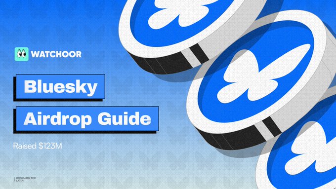 A graphic with blue background features the Watchoor logo alongside text reading "Bluesky Airdrop Guide - Raised $123M," accompanied by 3D-rendered Bluesky butterfly logos floating on the right side, promoting a guide for positioning ahead of a potential Bluesky token airdrop.