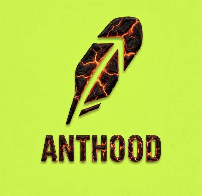 A vibrant logo featuring a cracked, magma-filled feather emblem with glowing orange veins set against a bright lime-green background, positioned above the bold "ANTHOOD" wordmark, visually reinforcing the post's enthusiastic announcement of "AntHood is cooking" and its "GTD spots today."