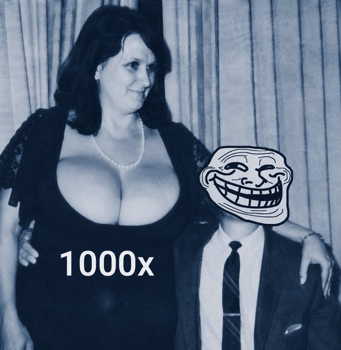 A vintage black-and-white photo shows a woman in a black dress with a pearl necklace posing next to a man in a suit whose face is replaced by a classic "Trollface" meme, with "1000x" written across the woman's dress. The image humorously visualizes the poster's nervous excitement about a Craigslist meetup, pairing the meme with the "1000x" multiplier to joke about striking it rich—or hilariously misjudging the situation—while still expressing bullish sentiment on the $TROLL ticker.