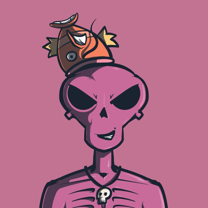 A digital illustration of a pink skeleton character with a fish perched on its head, wearing a skull necklace against a solid pink background.