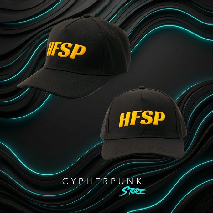 Two black baseball caps with yellow 'HFSP' lettering displayed against a cyan wave-pattern background, branded by Cypherpunk Store.