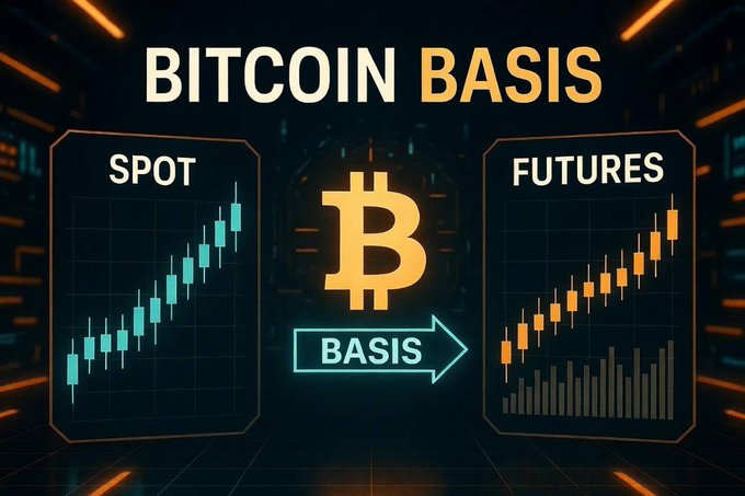 A graphic titled 'BITCOIN BASIS' shows two trading screens labeled 'SPOT' and 'FUTURES' with a large 'BASIS' arrow pointing between them.