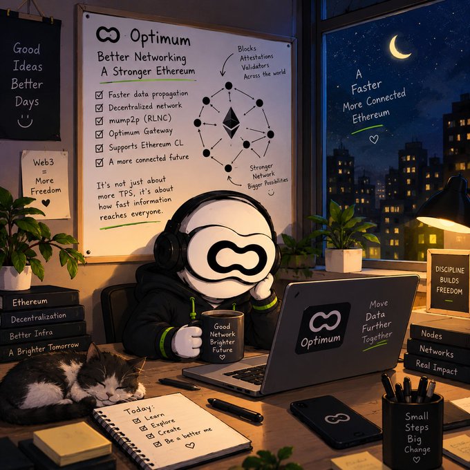 An illustrated character with an Optimum Ethereum logo head sits at a desk working on a laptop, with a whiteboard displaying 'Better Networking, A Stronger Ethereum' and features like faster data propagation, decentralized network, and mump2p (RLNC).