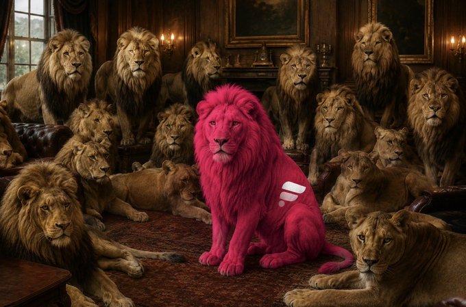 A vibrant pink lion with a white logo sits centrally among a pride of regular-colored lions in a dimly lit, opulent room.