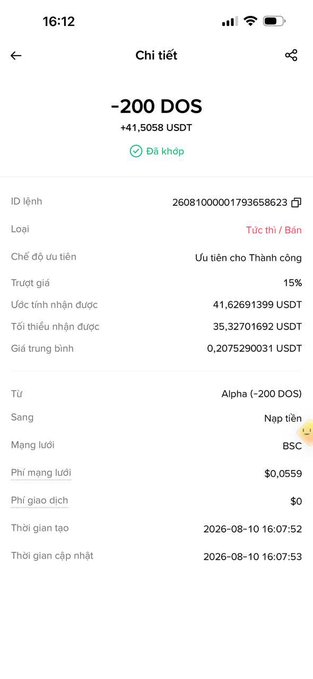 A mobile screen displays order details for "-200 DOS" on what appears to be a crypto/betting platform, showing a winning order worth +41.5058 USDT with a 15% return on investment, created on 2026-08-10. The image relates to the post by showing a recent profitable trade, though the modest 15% ROI contradicts the claim of a "5x price shot up," suggesting alpha hasn't fully returned yet.