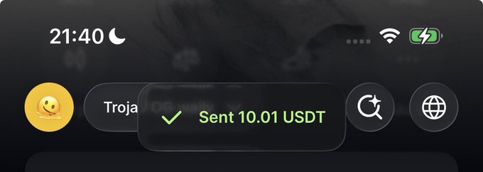 A screenshot of an iPhone Dynamic Island shows a confirmed transaction notification reading "Sent 10.01 USDT" in green text alongside a green checkmark, serving as proof of the prize payment mentioned in the post. The interface displays a "Troja..." contact name and the time 21:40, visually confirming the crypto reward sent to @Amiri_Web3.