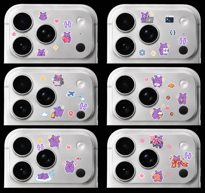 Six iPhone camera bump close-ups display various Hashoo purple bear sticker arrangements, each featuring the cute character in different scenarios—from working on a laptop and traveling with luggage to enjoying coffee and gifts—all accented with decorative elements like hearts, stars, and flowers.