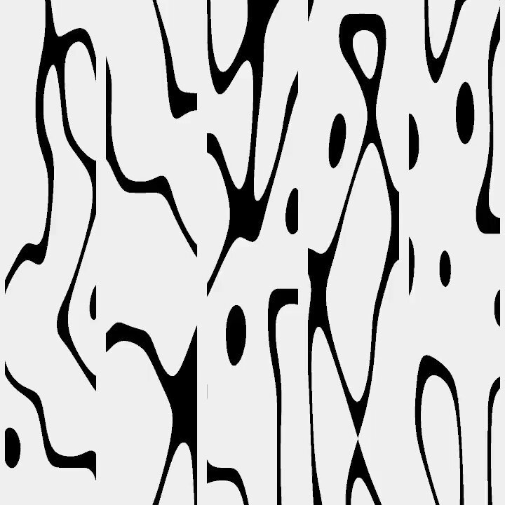 The image features a black and white pattern with various shapes, including circles and lines. The background of the image has a gradient effect that transitions from black at the top to white at the bottom. There are three different sections within this background, each showcasing a unique design. The first section is predominantly black, while the second one is white, and the third one is a mix of both black and white colors. The image also contains text elements such as "junkiyoshi.com/openframeworks" and "teia.art/objkt/881287 #openframeworks #programming #creativecoding".