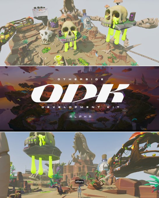 Promotional imagery for 'ODK' (Otherside Development Kit) by Alpha, showing stylized 3D environments featuring giant skulls with green slime, rocky landscapes, and small character figures.