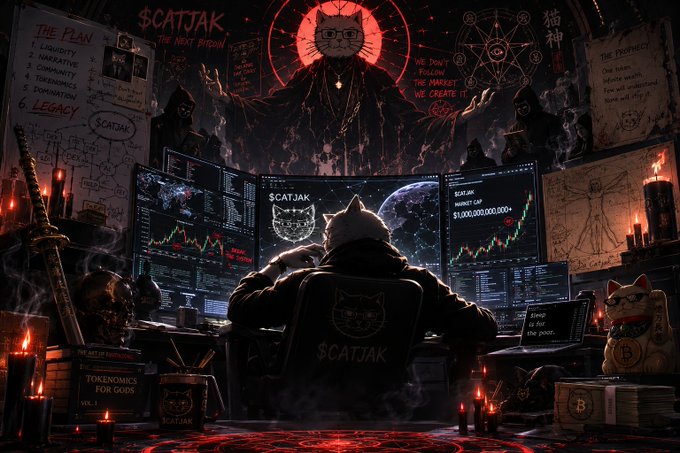 A hooded figure sits at a dark, ritualistic trading setup illuminated by candles and glowing monitors displaying "$CATJAK" market cap charts of $1,000,000,000,000+ and a "Bitcoin to the moon" laptop, with the menacing cat-god $CATJAK looming overhead—reinforcing the post's confident, cult-like conviction that doubters need not apply.