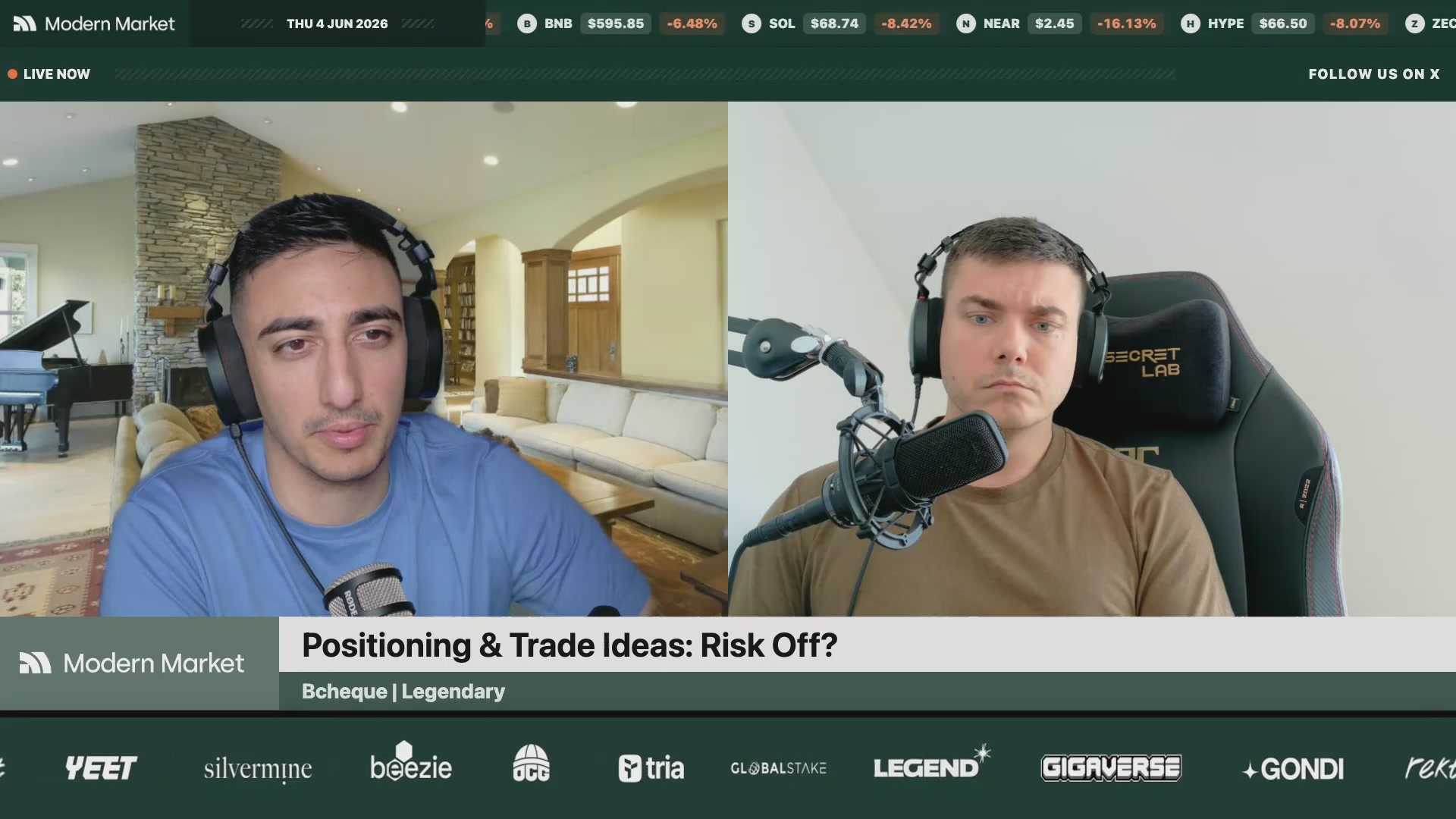 The image shows a man wearing headphones sitting at a desk with a microphone attached to his ear. The man appears to be talking into the microphone while another person can be seen behind him, also wearing headphones. They are both looking at a computer screen that displays various stock market information and logos of different companies. The post on this image suggests that they might be discussing trading strategies or analyzing stock trends in the cryptocurrency market.