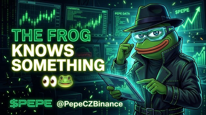 Promotional graphic featuring Pepe the Frog dressed as a detective in a dark coat and fedora, with text reading 'THE FROG KNOWS SOMETHING' alongside '$PEPE' and '@PepeCZBinance' amid stock charts.