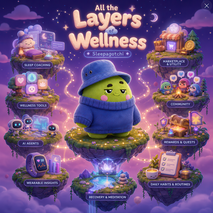 A cute green character in a blue bucket hat and sweater sits at the center of a whimsical "All the Layers of Wellness - Sleepagotchi" infographic, surrounded by eight floating islands representing different wellness pillars including Sleep Coaching, Wellness Tools, AI Agents, Wearable Insights, Recovery & Meditation, Daily Habits & Routines, Rewards & Quests, and Community. The dreamy purple background with stars and clouds reinforces the sleep-themed branding of Sleepagotchi, visually illustrating how the platform combines sleep coaching, AI tools, meditation, and community features into a comprehensive wellness journey.