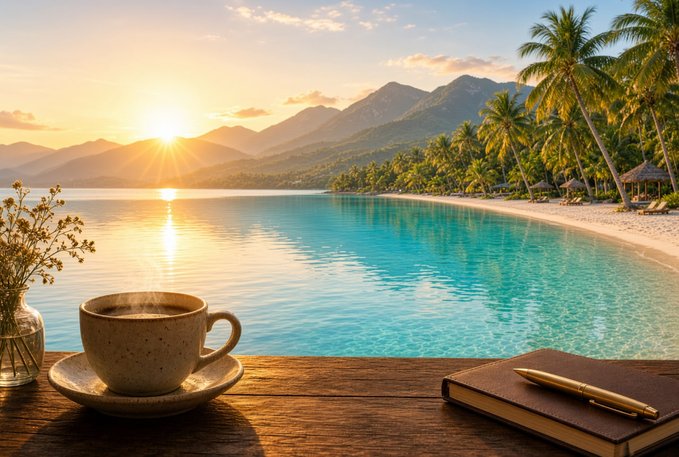 A steaming ceramic coffee cup sits on a wooden table beside a small vase of flowers and a journal with a golden pen, overlooking a turquoise tropical beach with palm trees, mountains, and a sunset over the water.