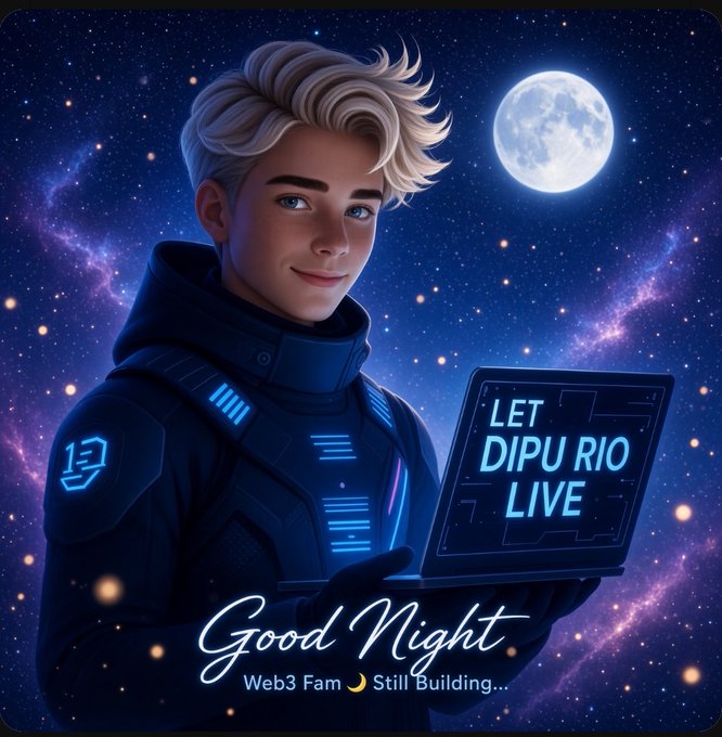 A digital illustration features a blond young man in futuristic blue armor holding a tablet that reads 'LET DIPU RIO LIVE', with 'Good Night' and 'Web3 Fam 🌙 Still Building...' displayed against a starry night sky with a full moon.