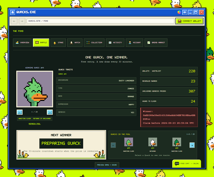 Screenshot of the QURKS.EXE website showing 'THE POND' with Quirks traits for Quirk #49, displaying 220 wallets, 23 required awards, and a winner prize of 307 Genesis Prizes.