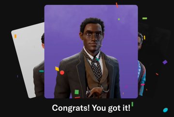 A digital collectible card or NFT card featuring a man in a grey suit and glasses against a purple background, with confetti and the text 'Congrats! You got it!' at the bottom.
