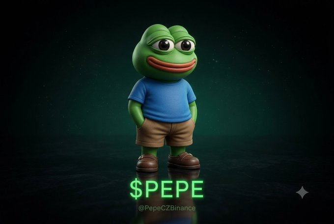 A 3D-rendered Pepe the Frog character wearing a blue shirt and brown shorts stands against a dark starry background, with '$PEPE' and '@PepeCZBinance' displayed below.