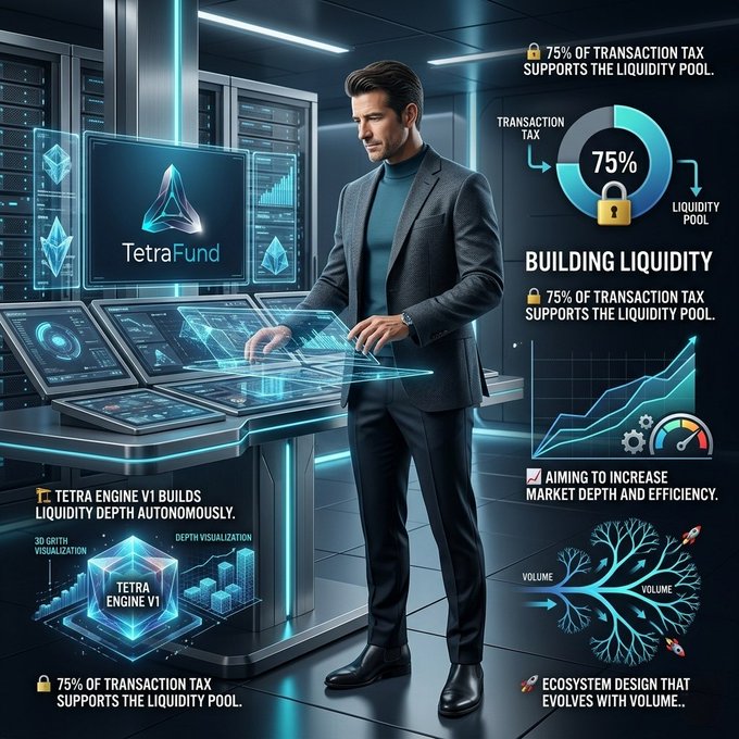 A promotional graphic for 'TetraFund' showing a man interacting with holographic displays, featuring text about '75% OF TRANSACTION TAX SUPPORTS THE LIQUIDITY POOL' and 'TETRA ENGINE V1 BUILDS LIQUIDITY DEPTH AUTONOMOUSLY'.