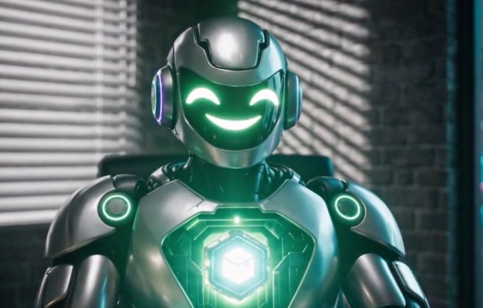 A futuristic silver robot with glowing green eyes and a smiling visor face stands in a high-tech setting, featuring a glowing green hexagonal chest plate.