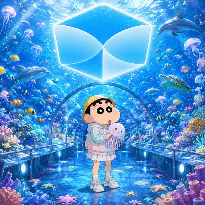 A vibrant anime-style illustration of a small character in a yellow hat and striped shirt holding a pink jellyfish, standing in an underwater tunnel surrounded by dolphins, sea turtles, tropical fish, and coral reefs, with a glowing infinity symbol overhead.