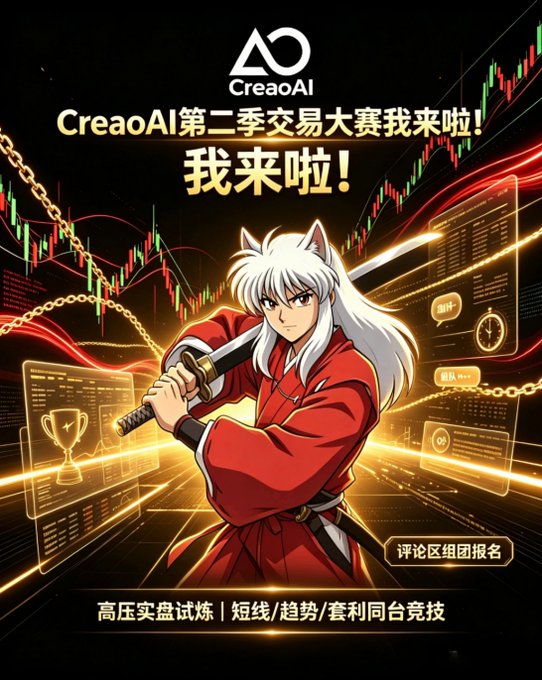An anime character with white hair and dog ears wields a katana against a backdrop of candlestick charts, with "CreaoAI" branding and "CreaoAI第二季交易大赛我来啦!" (CreaoAI Season 2 Trading Competition—I'm Here!) prominently displayed, visually embodying the post's declaration of returning to compete after placing 7th in the first season.