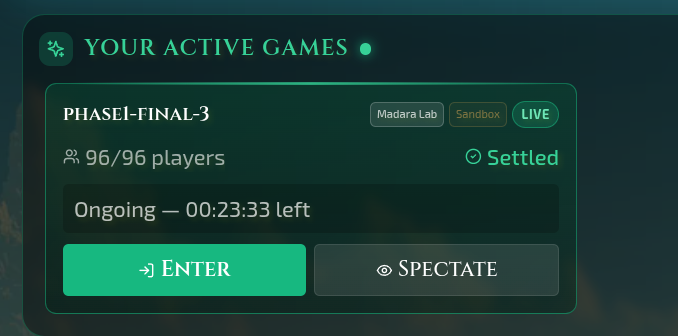 Gaming interface panel labeled 'YOUR ACTIVE GAMES' showing 'PHASE1-FINAL-3' on Madara Lab Sandbox with 96/96 players, marked as 'LIVE' and 'Settled,' with 00:23:33 remaining and options to 'Enter' or 'Spectate.'