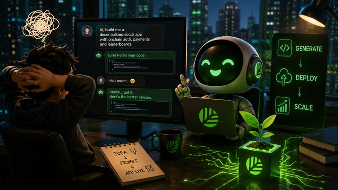A digital illustration showing a stressed developer at a computer alongside a smiling AI robot assistant working on a laptop, with floating icons for 'GENERATE', 'DEPLOY', and 'SCALE' against a city skyline.