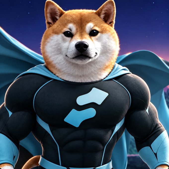 This image shows a Shiba Inu dog head photoshopped onto a muscular body wearing a blue and black superhero costume with a cape, set against a starry night sky.