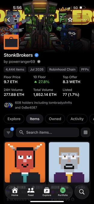 A mobile screenshot of an OpenSea NFT collection page for "StonkBrokers" by powerranger69, showing a floor price of 9.7 ETH, 27.8% increase, with 4,444 items and 277.88 ETH 24h volume.