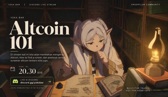 A promotional graphic for 'YOKA BAR Altcoin 101' Discord live stream featuring an anime-style elf character reading by candlelight, scheduled for 20.30 WIB, in Indonesian.
