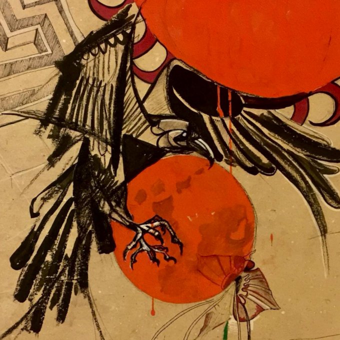 An artistic illustration featuring a black crow or raven with detailed wings perched near an orange sphere, with another large orange form above, set against a textured beige background with geometric patterns.