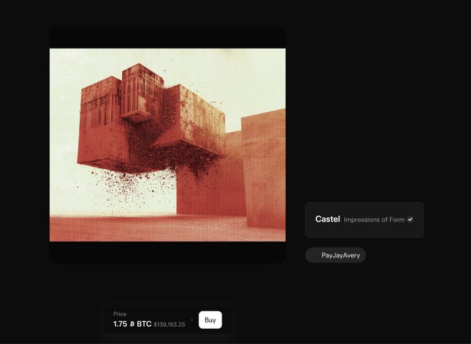 An NFT listing page shows artwork titled 'Castel Impressions of Form' by PayJayAvery, priced at 1.75 BTC ($139,193.25) with a Buy button. The image depicts a floating, crumbling architectural structure in warm, dusty tones.