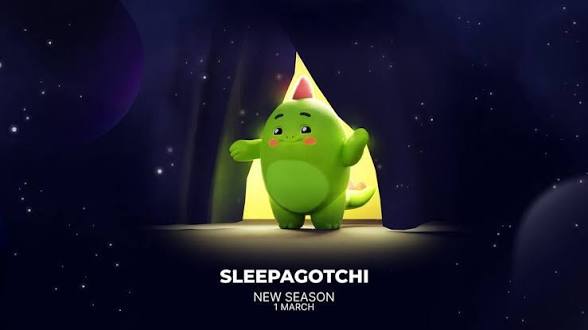 A promotional image for 'SLEEPAGOTCHI NEW SEASON' launching on '1 MARCH' shows a green dinosaur mascot with a party hat sleeping under a tent in a starry night setting.