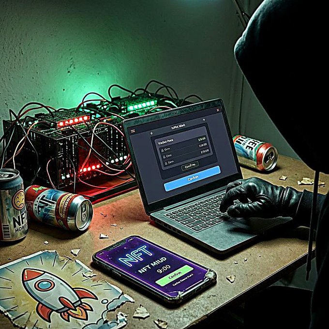 A hooded figure with gloved hands types on a laptop running NFT mint transactions, with a smartphone displaying "NFT NFT.MINT 9:00 Confirm" and scattered energy drink cans beside a mining rig setup. The scene captures the anonymous, shadowy world of repeat NFT mint operations, mirroring the post's warning about rug-pull creators rebranding and exploiting new investors riding each mint wave.